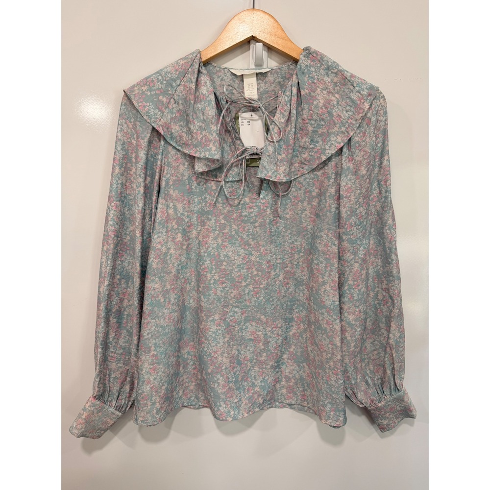 H&M Women Blue Pink Floral Ruffle Collar Tie Neck Blouse XS New
